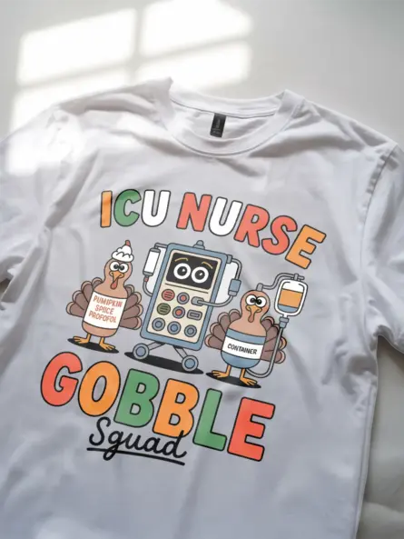 Funny ICU Nurse Thanksgiving Shirt – Gobble Squad Holiday Tee - Image 2