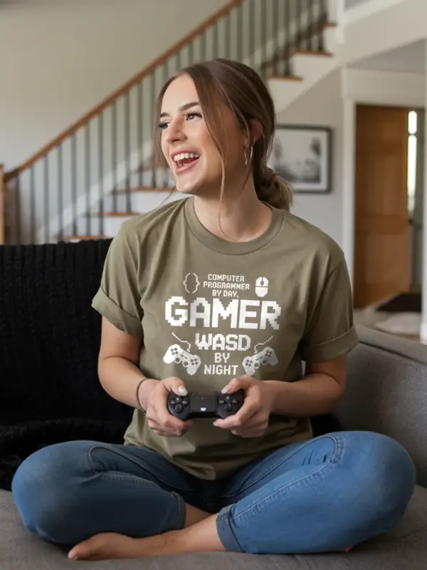 * Military green Programmer by Day Gamer by Night T-Shirt Lifestyle – Gift Tee for Tech-Savvy Gamers